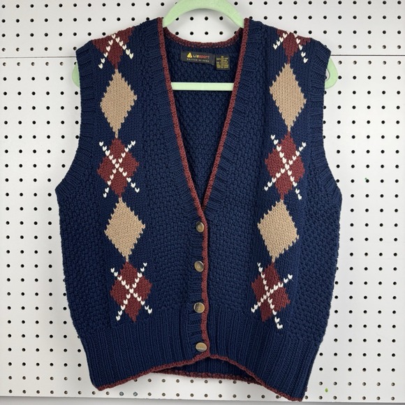 liz sport Sweaters - Vtg 90s Lizsport Hand Knit Argyle Sweater Vest‎ Blue Tan Burgundy Cotton M